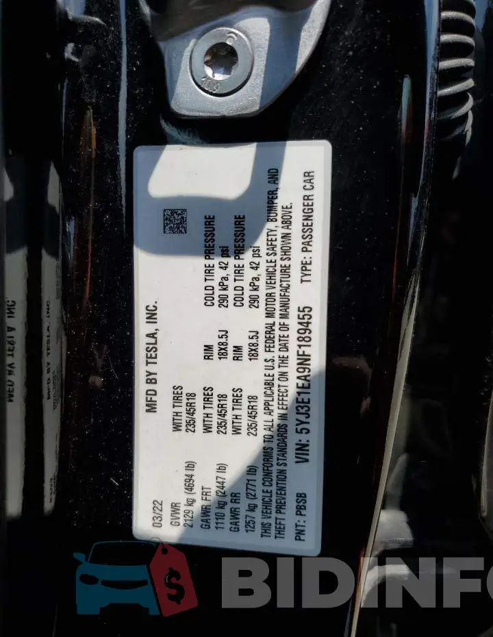 5YJ3E1EA9NF189455 Photo# 12