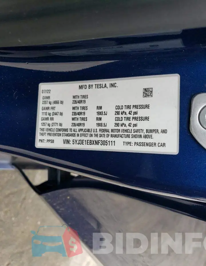 5YJ3E1EBXNF305111 Photo# 13