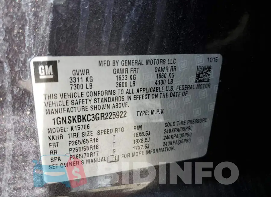 1GNSKBKC3GR225922 Photo# 13