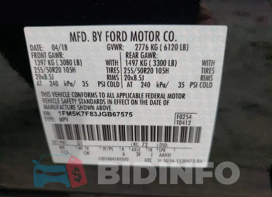 1FM5K7F83JGB67575 Photo# 12