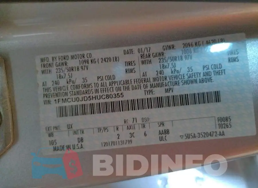 1FMCU0JD5HUC80355 Photo# 12