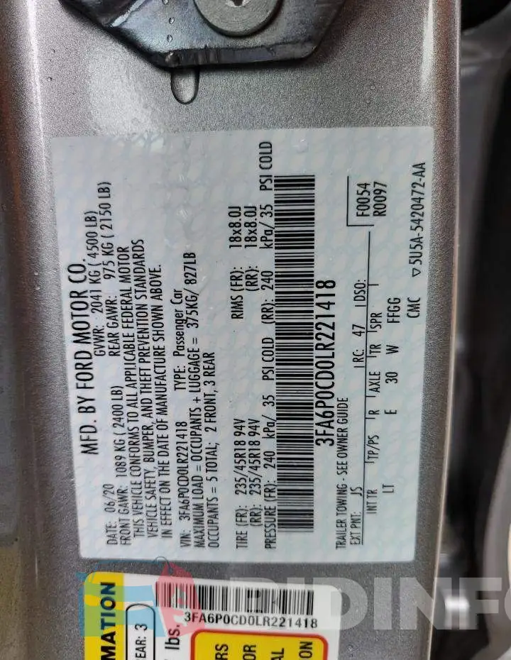 3FA6P0CD0LR221418 Photo# 12