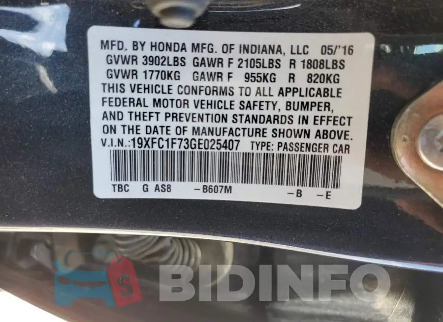 19XFC1F73GE025407 Photo# 12