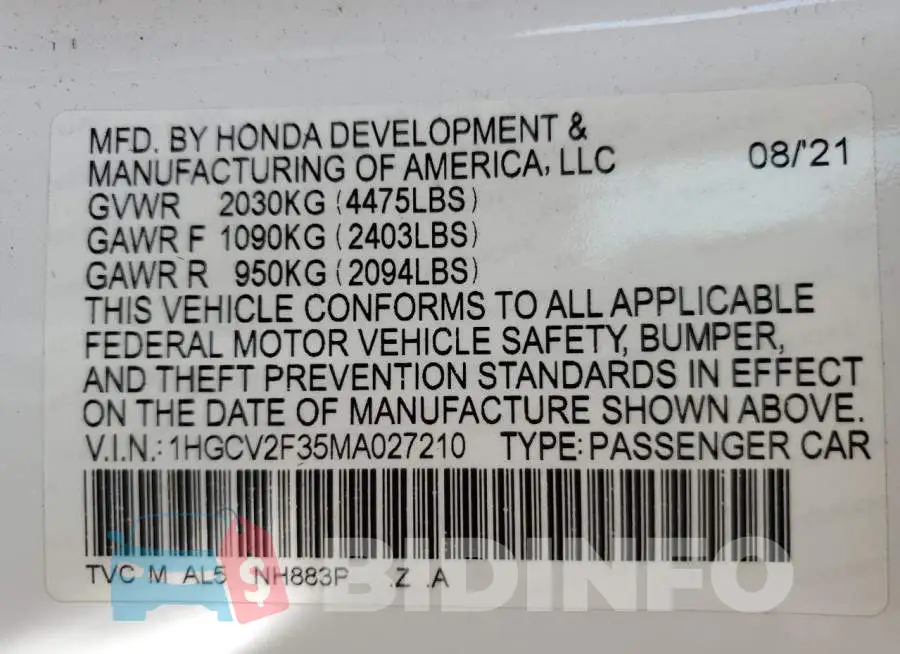 1HGCV2F35MA027210 Photo# 13