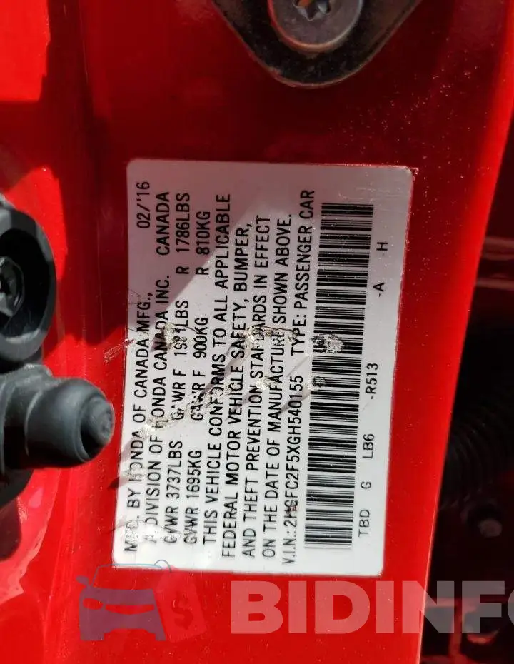 2HGFC2F5XGH540155 Photo# 12