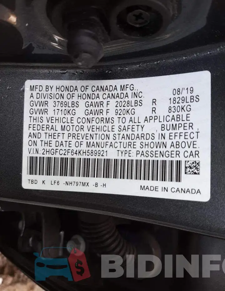 2HGFC2F64KH589921 Photo# 12