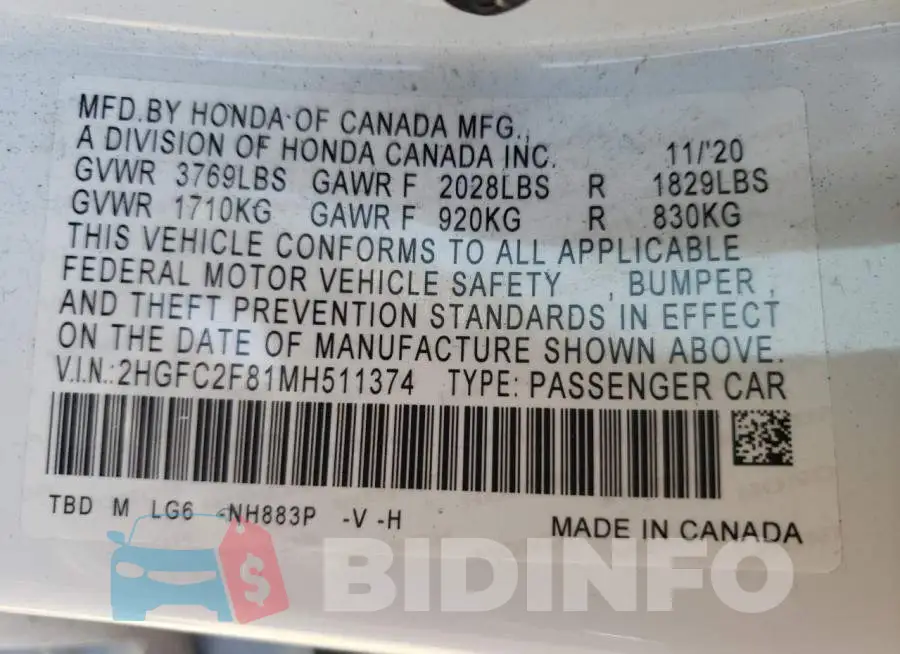2HGFC2F81MH511374 Photo# 12