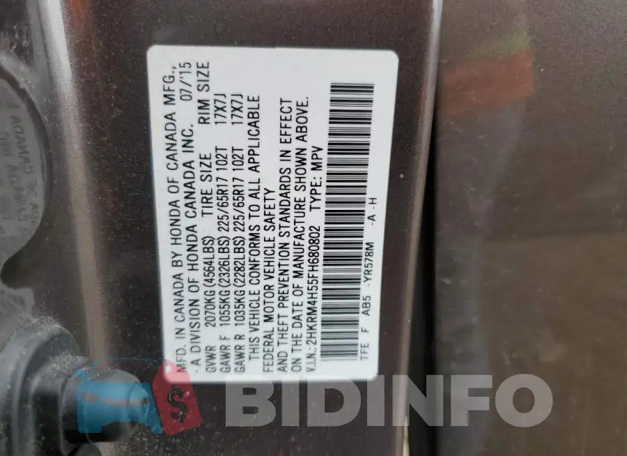 2HKRM4H55FH680802 Photo# 13