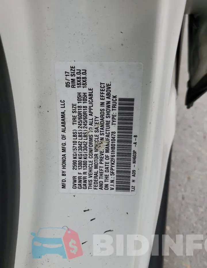 5FPYK2F61HB010478 Photo# 12