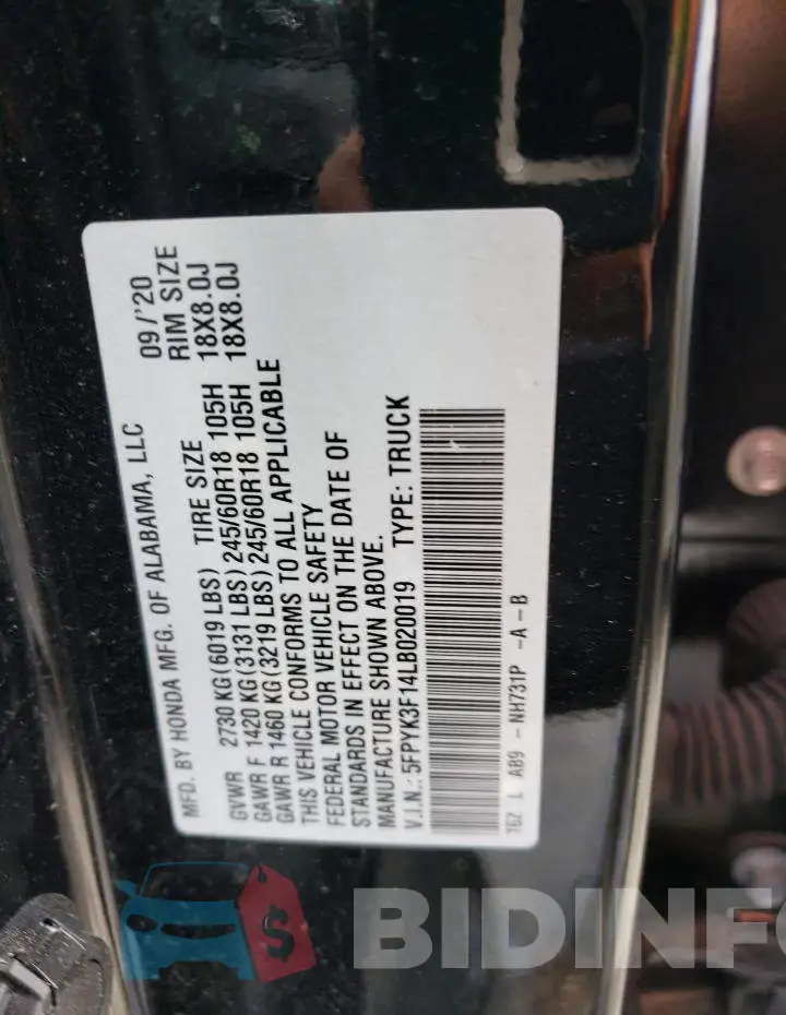 5FPYK3F14LB020019 Photo# 12