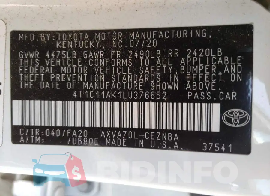 4T1C11AK1LU376652 Photo# 12