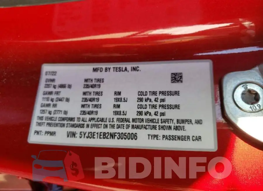 5YJ3E1EB2NF305006 Photo# 12