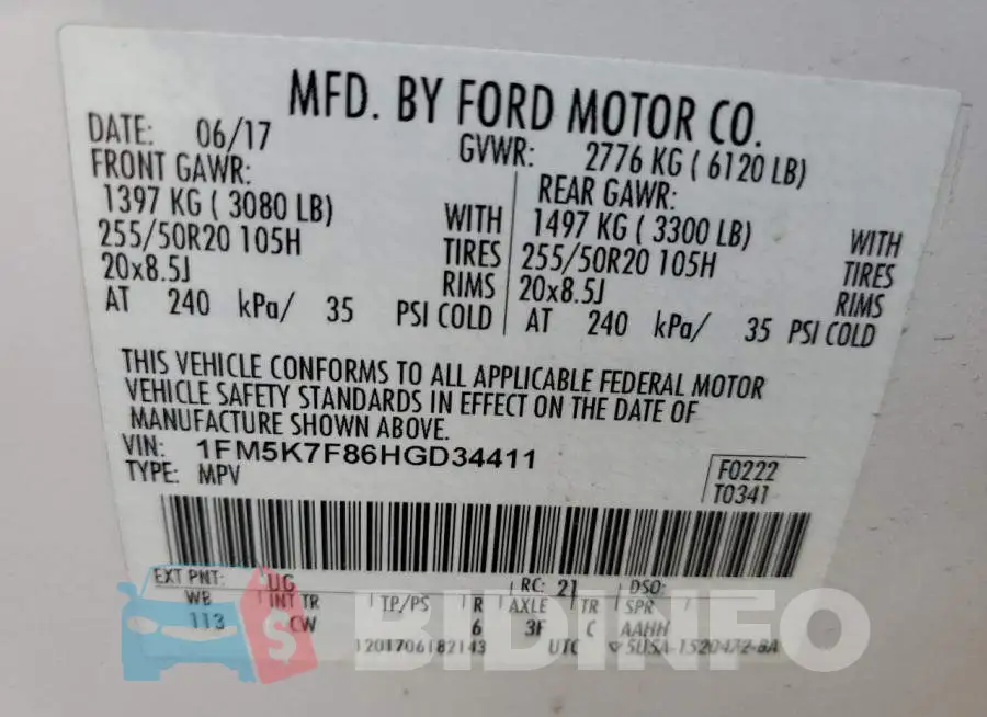 1FM5K7F86HGD34411 Photo# 13