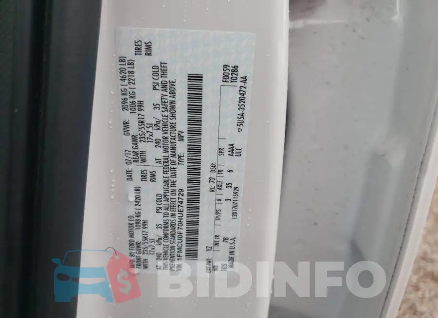 1FMCU0F70HUE74729 Photo# 14