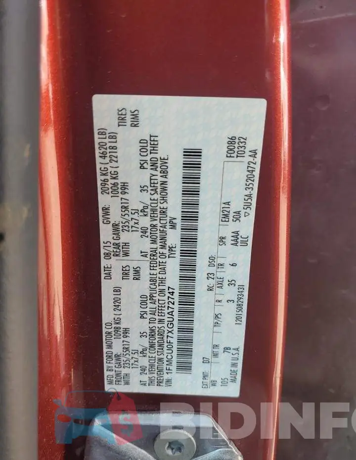 1FMCU0F7XGUA72747 Photo# 12