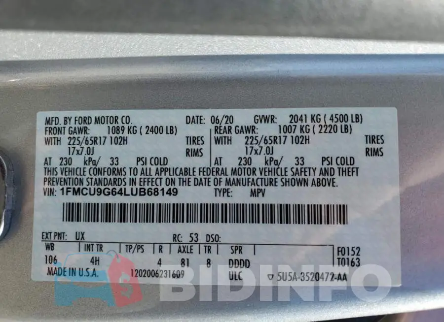 1FMCU9G64LUB68149 Photo# 14