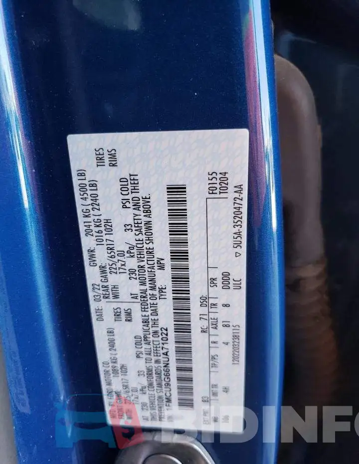 1FMCU9G66NUA71022 Photo# 14