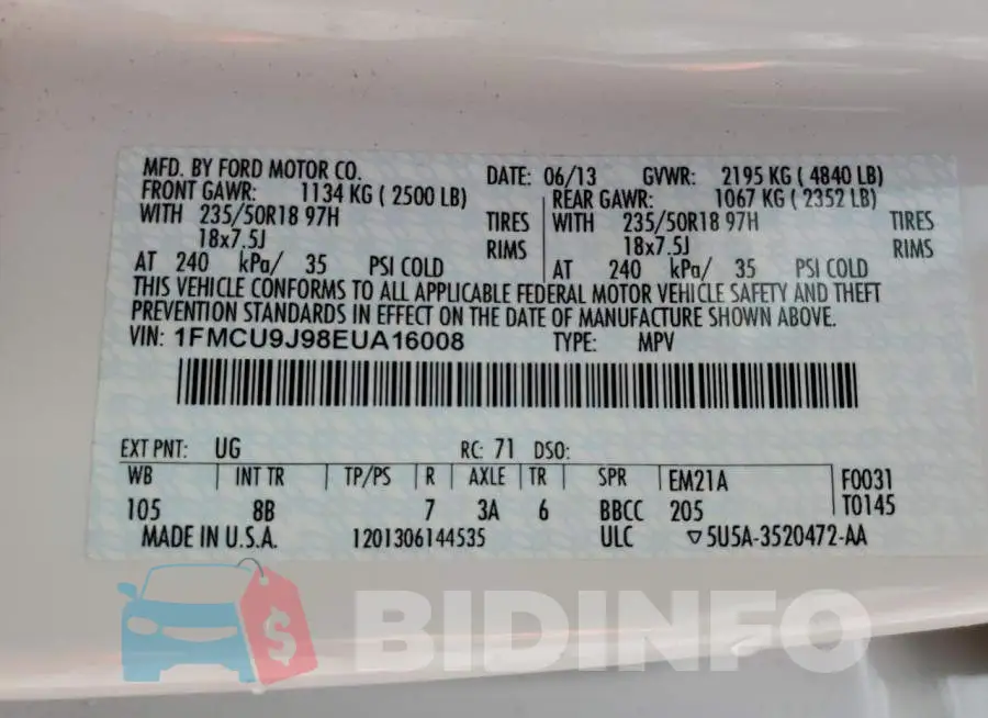 1FMCU9J98EUA16008 Photo# 13