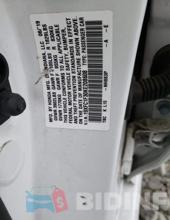 19XFC1F30KE208608 Photo# 12