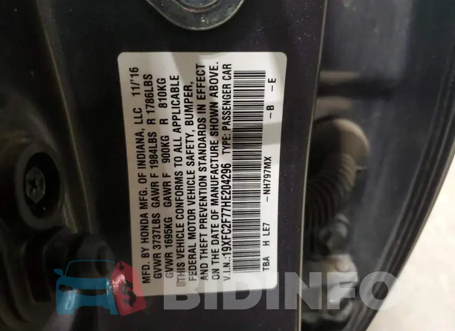 19XFC2F77HE204296 Photo# 12
