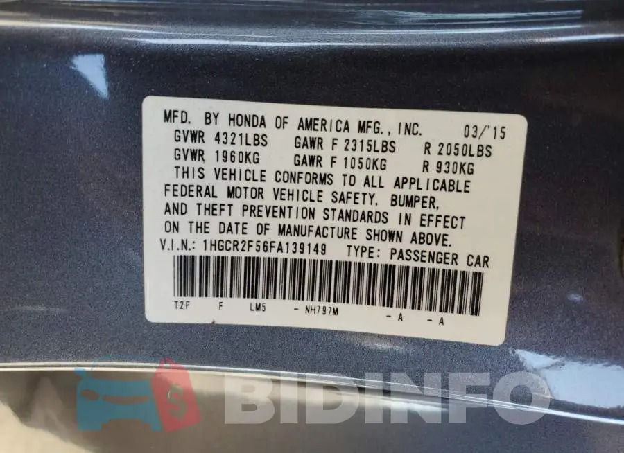 1HGCR2F56FA139149 Photo# 12