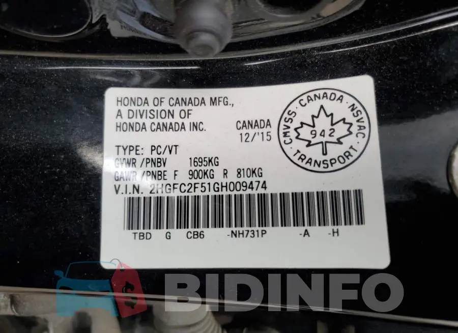 2HGFC2F51GH009474 Photo# 12