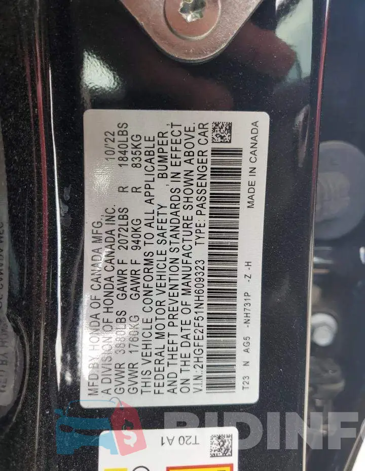 2HGFE2F51NH609323 Photo# 13