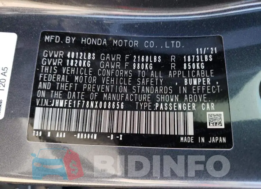 JHMFE1F78NX008656 Photo# 13