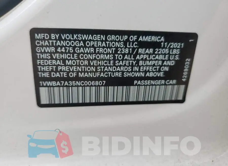 1VWBA7A35NC006807 Photo# 12