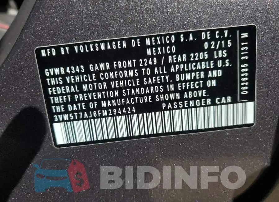 3VW5T7AJ6FM294424 Photo# 12
