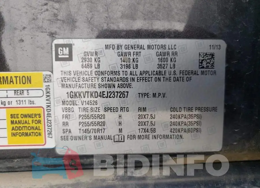 1GKKVTKD4EJ237267 Photo# 13