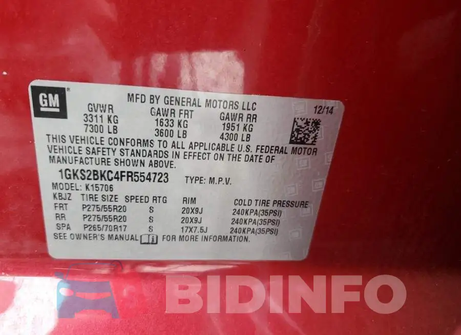 1GKS2BKC4FR554723 Photo# 13