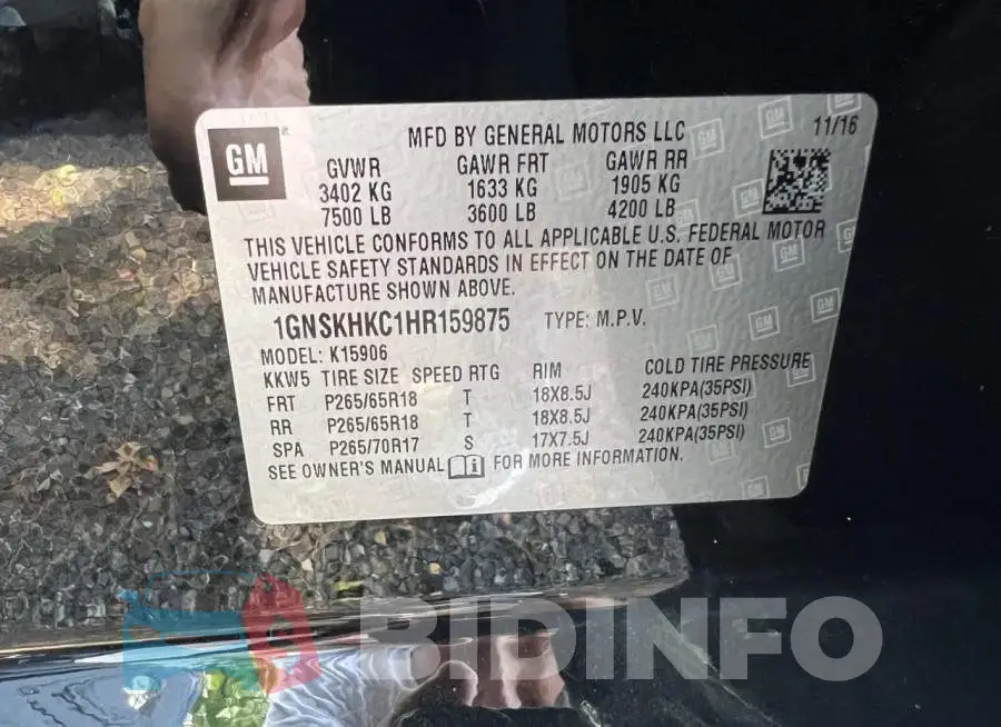 1GNSKHKC1HR159875 Photo# 10