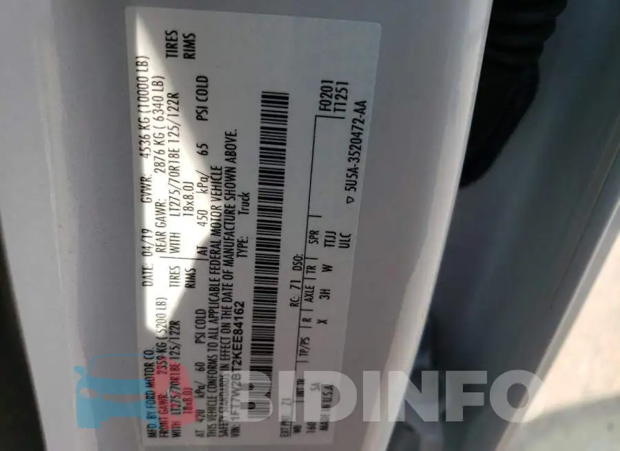 1FT7W2BT2KEE84162 Photo# 12