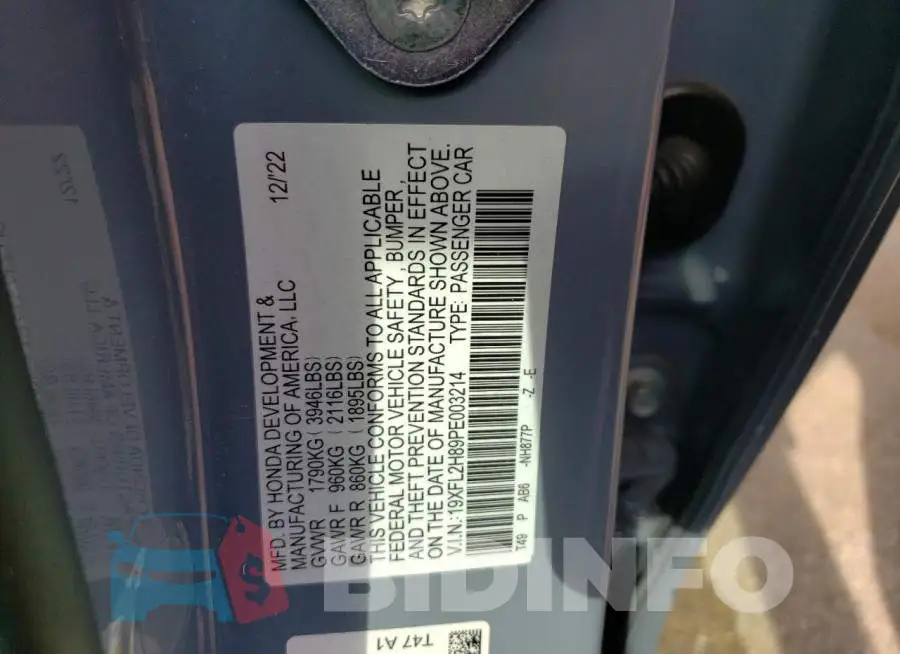19XFL2H89PE003214 Photo# 12