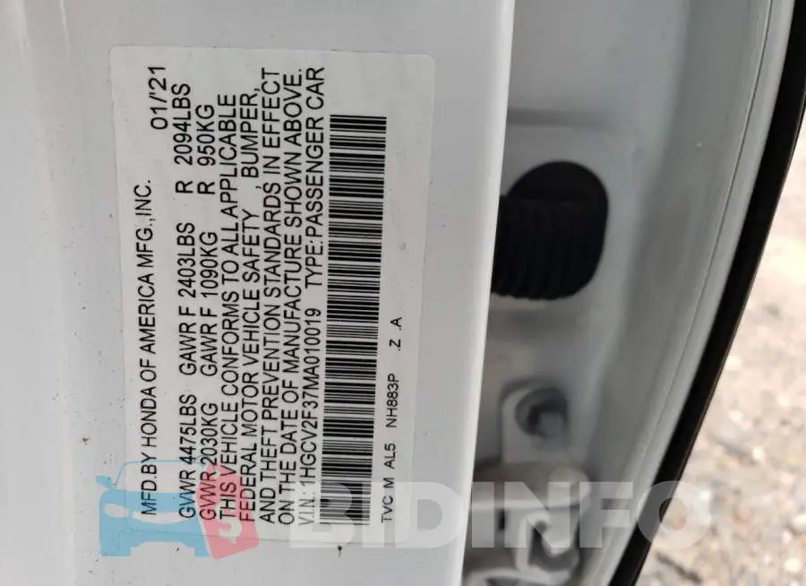 1HGCV2F37MA010019 Photo# 12
