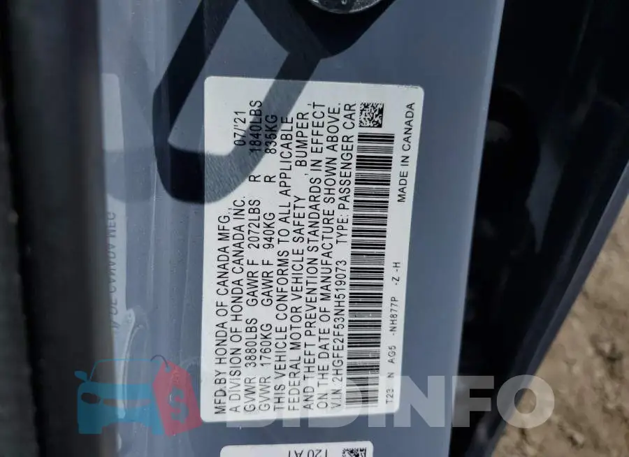 2HGFE2F53NH519073 Photo# 12