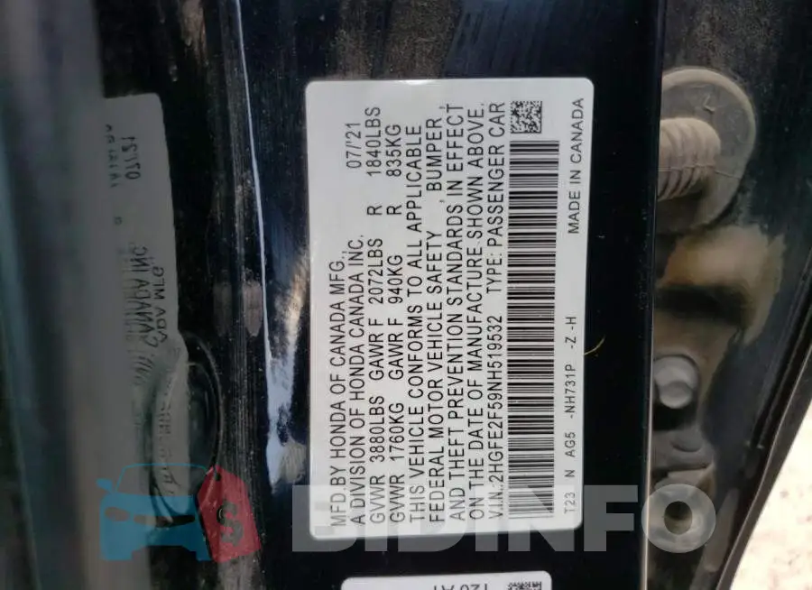 2HGFE2F59NH519532 Photo# 12