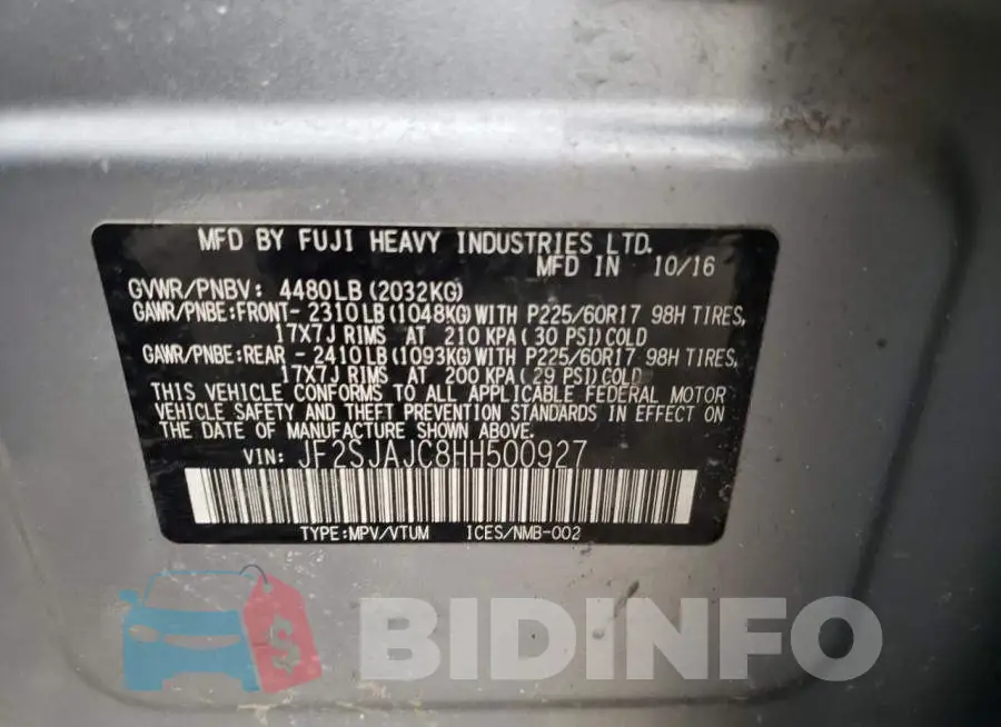JF2SJAJC8HH500927 Photo# 13