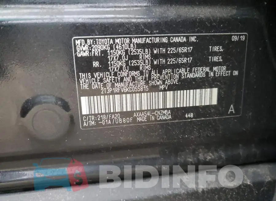 2T3P1RFV6KC055815 Photo# 12