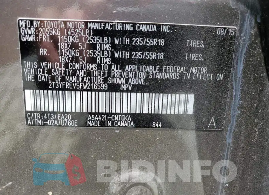 2T3YFREV5FW216599 Photo# 13