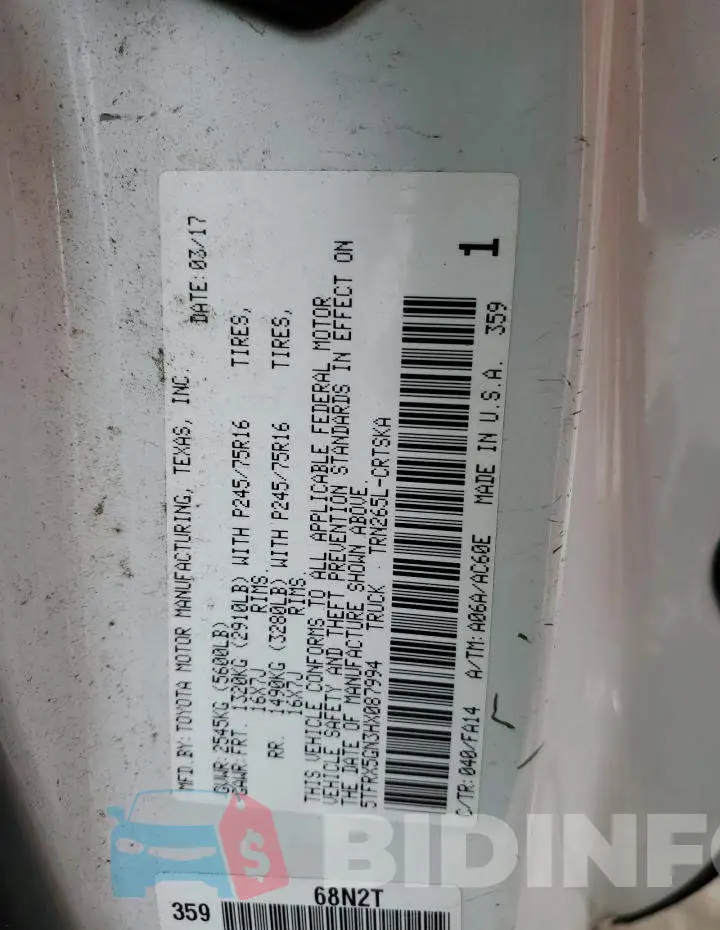 5TFRX5GN3HX087994 Photo# 13
