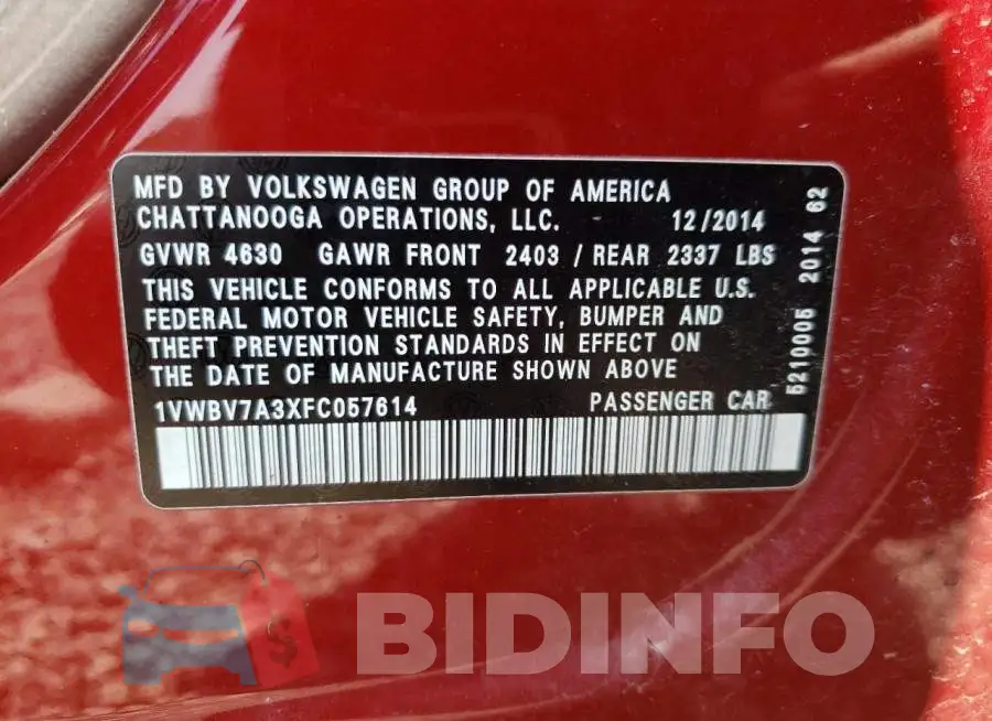 1VWBV7A3XFC057614 Photo# 12