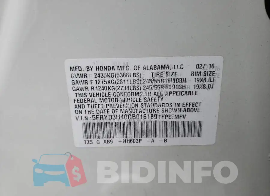 5FRYD3H40GB016189 Photo# 13