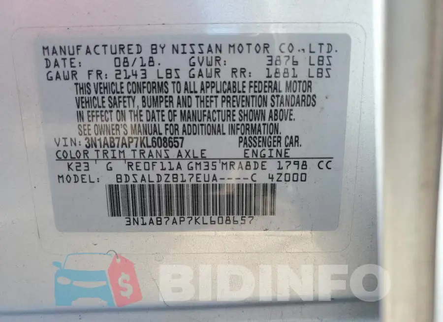 3N1AB7AP7KL608657 Photo# 13