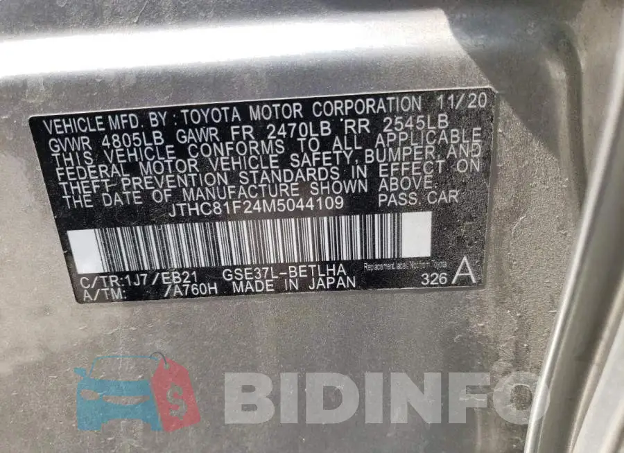 JTHC81F24M5044109 Photo# 12