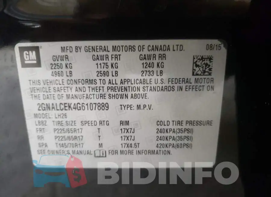 2GNALCEK4G6107889 Photo# 13