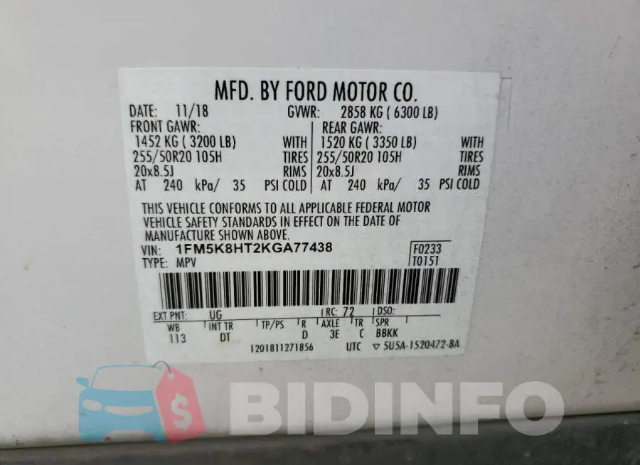 1FM5K8HT2KGA77438 Photo# 13