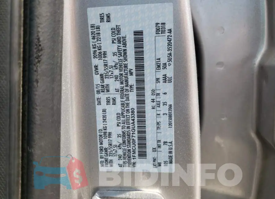 1FMCU0F71GUA43380 Photo# 13