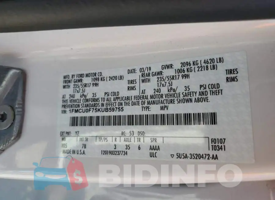1FMCU0F75KUB59755 Photo# 10
